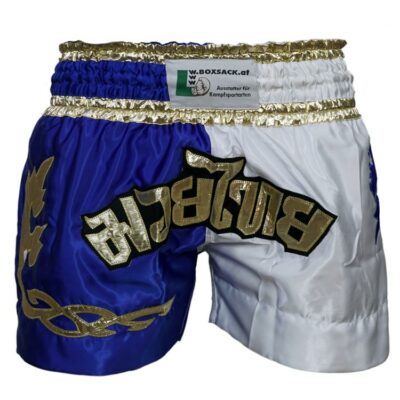 Muay Thai Shorts in Blau-Weiß mit goldener Stickerei und breitem elastischem Bund.