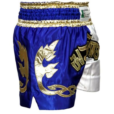 Seitliche Ansicht der Muay Thai Shorts in Blau-Weiß mit goldenen Thai-Motiven.