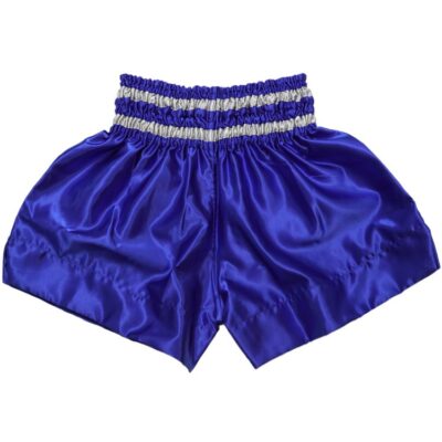 Rückseite der Muay Thai Shorts in Blau-Grau mit elastischem Bund und weiter Passform.