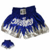 Muay Thai Shorts in Blau-Weiß-Silber mit Flammen-Design und breitem elastischem Bund.