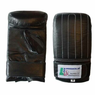 Schwarze Sandsackhandschuhe aus hochwertigem Rindsleder, Vorderansicht mit Klettverschluss und robustem Material.