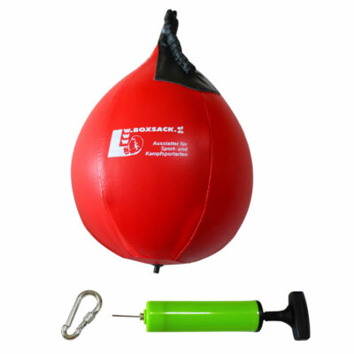 Boxbirne Speedball aus Kunstleder in Rot mit Schlaufe, inklusive Pumpe und Karabinerhaken, ideal für Boxtraining in Österreich.