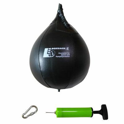 Boxbirne Speedball aus Kunstleder in Schwarz, inklusive Pumpe und Karabinerhaken, ideal für Boxtraining in Österreich.