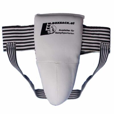 Tiefschutz für Herren aus robustem Material in Weiß mit elastischem Gurtband, ideal für Kampfsport.