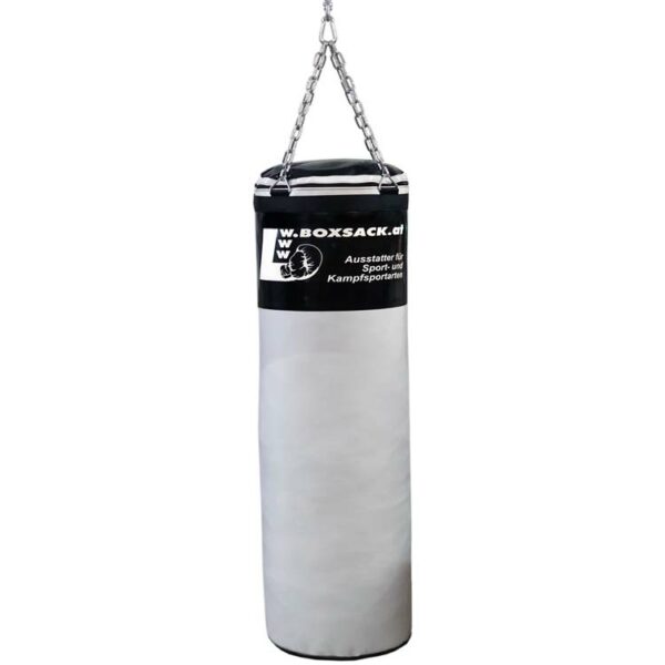 Premium-Boxsack TITAN in Weiß mit schwarzem Aufdruck, ideal für professionelles Training in Österreich.