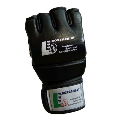 seitenansicht der mma-handschuhe leder schwarz-grau, langlebiges material mit stabilem klettverschluss.