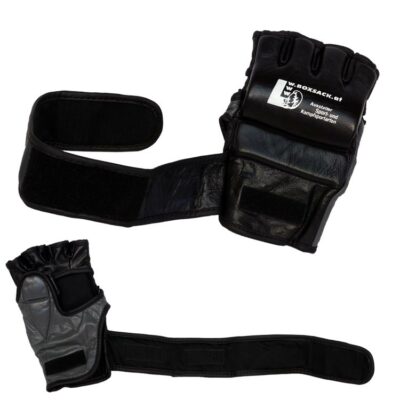innenansicht der mma-handschuhe leder schwarz-grau mit ergonomischer passform und gepolstertem daumenschutz.