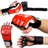 mma grappling handschuhe rot-schwarz aus leder mit robustem klettverschluss und ergonomischer passform.