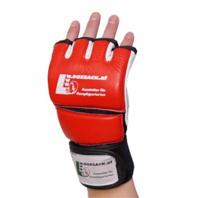seitenansicht der mma grappling handschuhe rot-schwarz aus leder, mit stabiler fixierung und robustem design.