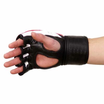 mma grappling handschuhe rot-schwarz aus leder, innenansicht mit ergonomischem schnitt und bequemer polsterung.