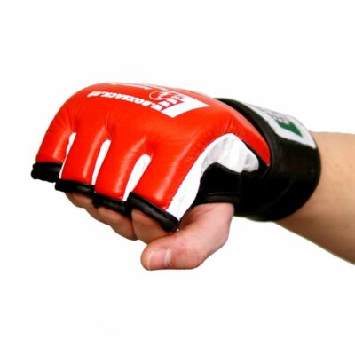 rückansicht der mma grappling handschuhe rot-schwarz aus hochwertigem leder.