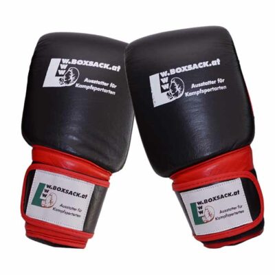 Paar PRO KICK Sandsackhandschuhe aus schwarzem Rindsleder mit roten Akzenten, Österreich.