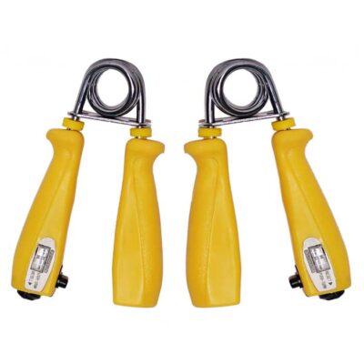 Gelbe Fingerhantel mit integriertem Zähler, Stahlfeder und ergonomischem Kunststoffgriff für gezieltes Handmuskeltraining.