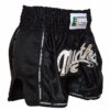 Muay Thai Shorts in Schwarz mit Mesh-Seiteneinsätzen und silbernem "Muay Thai"-Schriftzug, seitliche Ansicht.