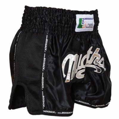 Muay Thai Shorts in Schwarz mit Mesh-Seiteneinsätzen und silbernem 