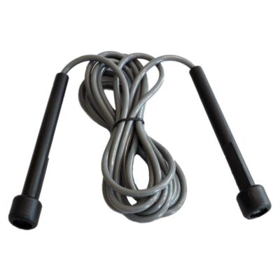 Graues Springseil mit Kunststoffgriffen und elastischem PVC-Band, ideal für Anfänger und Vereine.