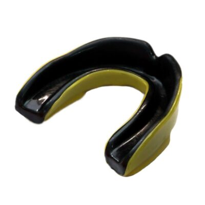 Zahnschutz Shock Master in Gelb-Schwarz mit hygienischer Aufbewahrungsdose.