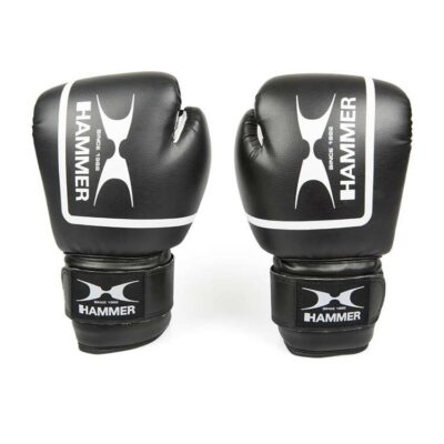schwarze boxhandschuhe fit 2 von hammer boxing mit weißem logo und breitem klettverschluss.