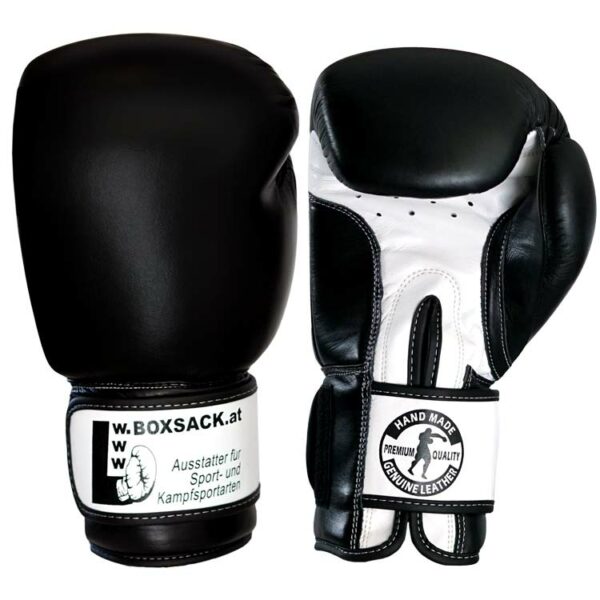 Handgefertigte Boxhandschuhe Elite Schwarz-Weiß aus Rindsleder für intensives Training.