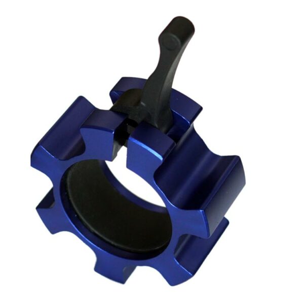 Stabiler Schnellverschluss aus blauem Aluminium für Olympia Hantelstangen – fester Halt für hohe Gewichte.