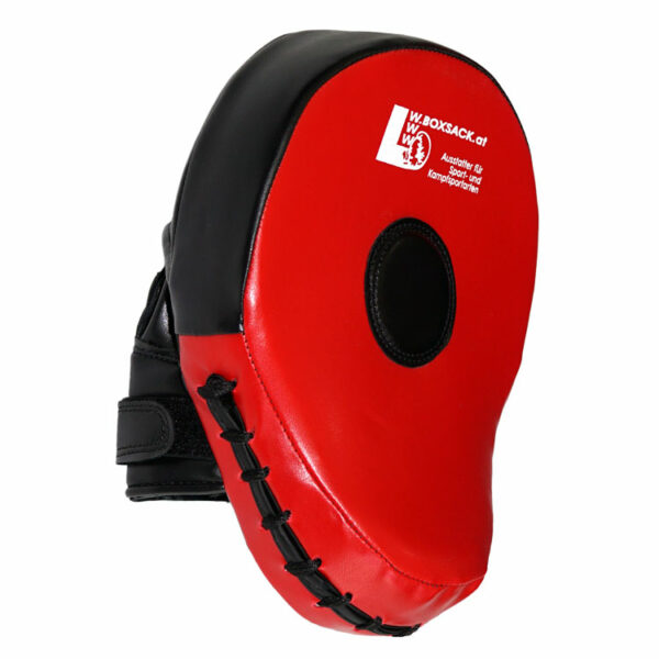 Gekrümmte Pratze in Rot-Schwarz mit mittlerer Härte, ideal für Präzisionsschläge.