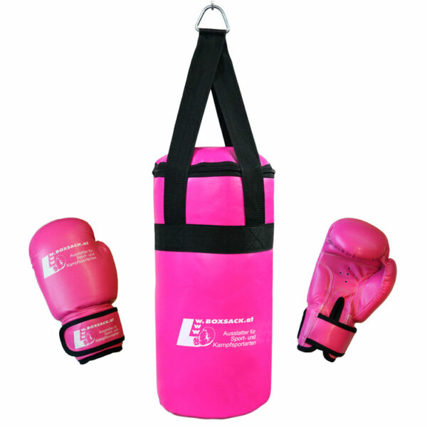 Boxsack Set Junior in Pink mit passenden Boxhandschuhen für Kinder, auf weißem Hintergrund.