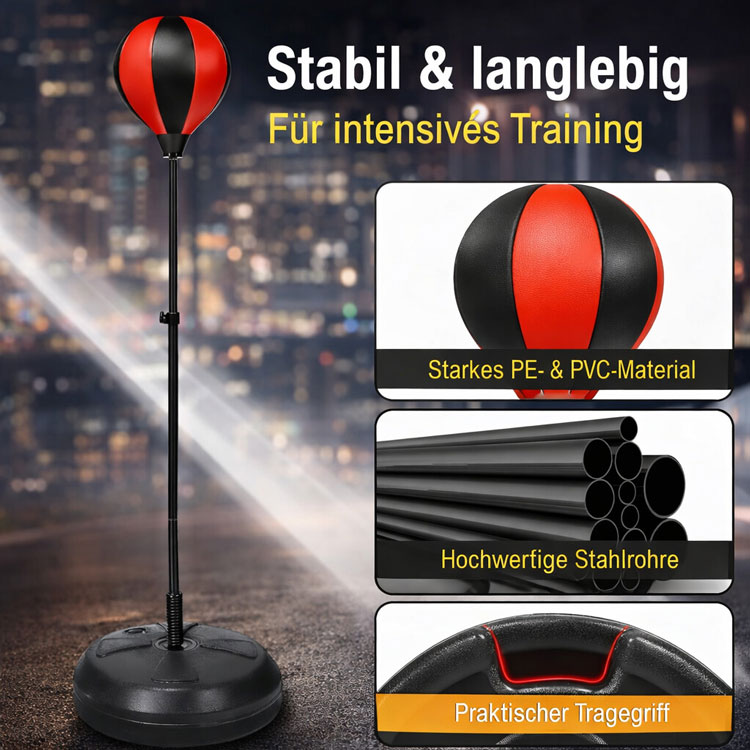 Kinder Standboxsack stabil langlebig mit PE- und PVC-Material, Stahlrohr-Konstruktion und stabilem StandfuĂ fĂŒr intensives Training.