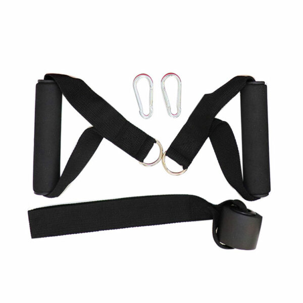 Schaumstoffgepolsterte Griffe mit Karabinerhaken und Türanker für Widerstandsband-Training.