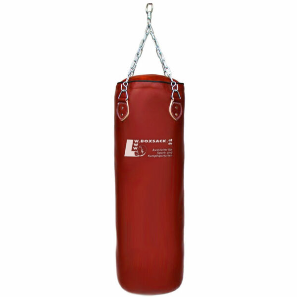 Roter Profi Retro Boxsack aus Rindsleder, 130 cm lang, gefüllt, ideal für Training in Österreich.
