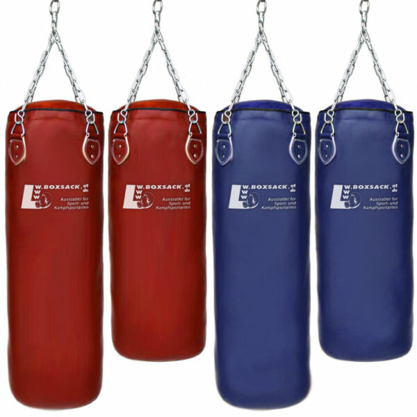 Vier Profi Retro Boxsäcke aus Rindsleder in Rot und Blau, erhältlich in verschiedenen Längen, ideal für Österreich.