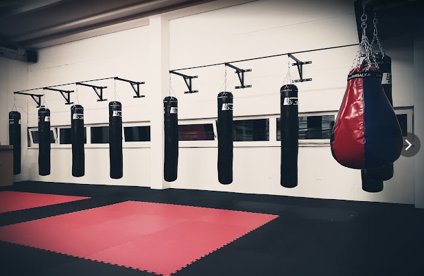 Reihe von schwarzen und einem roten Boxsack, aufgehängt in einem hell beleuchteten Trainingsraum mit roten und schwarzen Matten auf dem Boden.