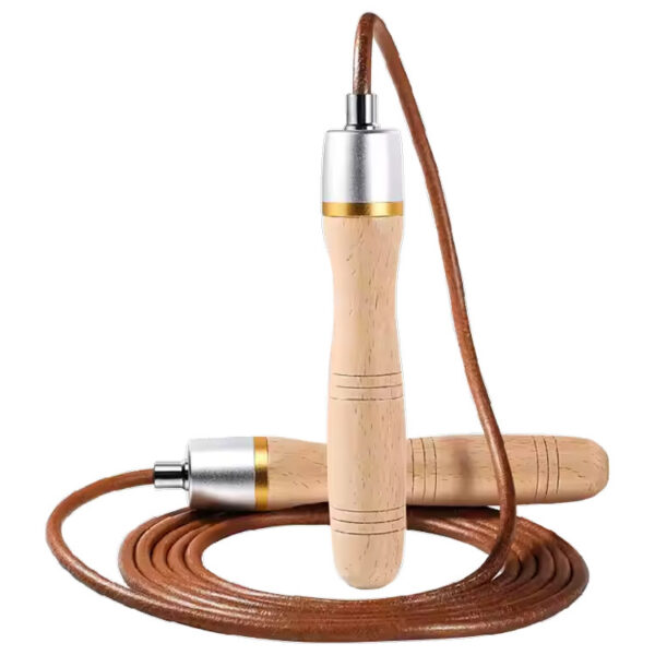 Leder-Springseil mit ergonomischen Holzgriffen und Kugellager für professionelles Training.