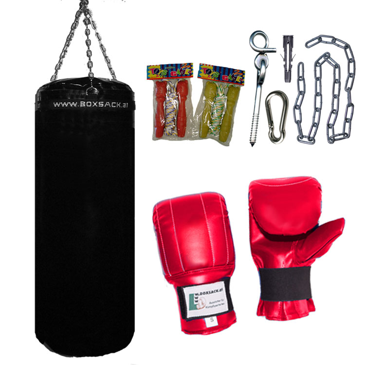 Schwarzer Boxsack mit roten Handschuhen, zwei Springseilen und Montageset – Komplettlösung fürs Boxtraining zuhause