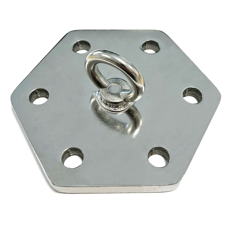 Edelstahl Boxsack-Halterung mit 6-Loch-Montageplatte und verschweißter Augenschraube für höchste Stabilität.