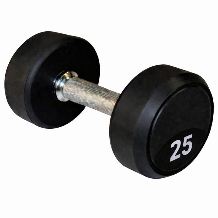 Kurzhantel 25 kg mit gummierten Scheiben und verchromtem Griff – schwarze Rundhantel für Krafttraining