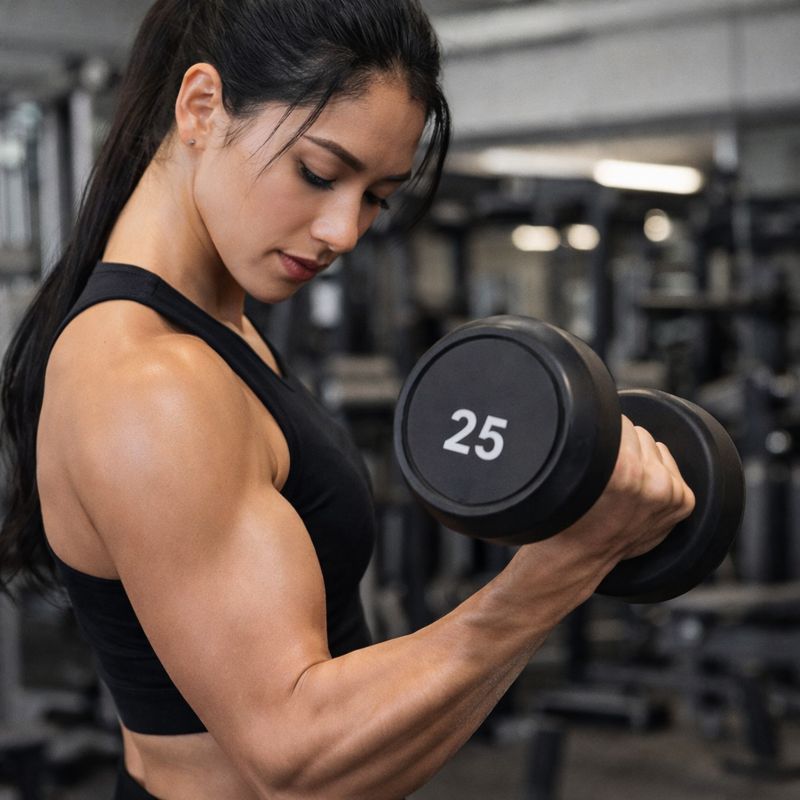 Frau beim Bizeps-Training mit 25 kg Kurzhantel im Fitnessstudio – schwarzer Rundhantel mit Gewichtsangabe