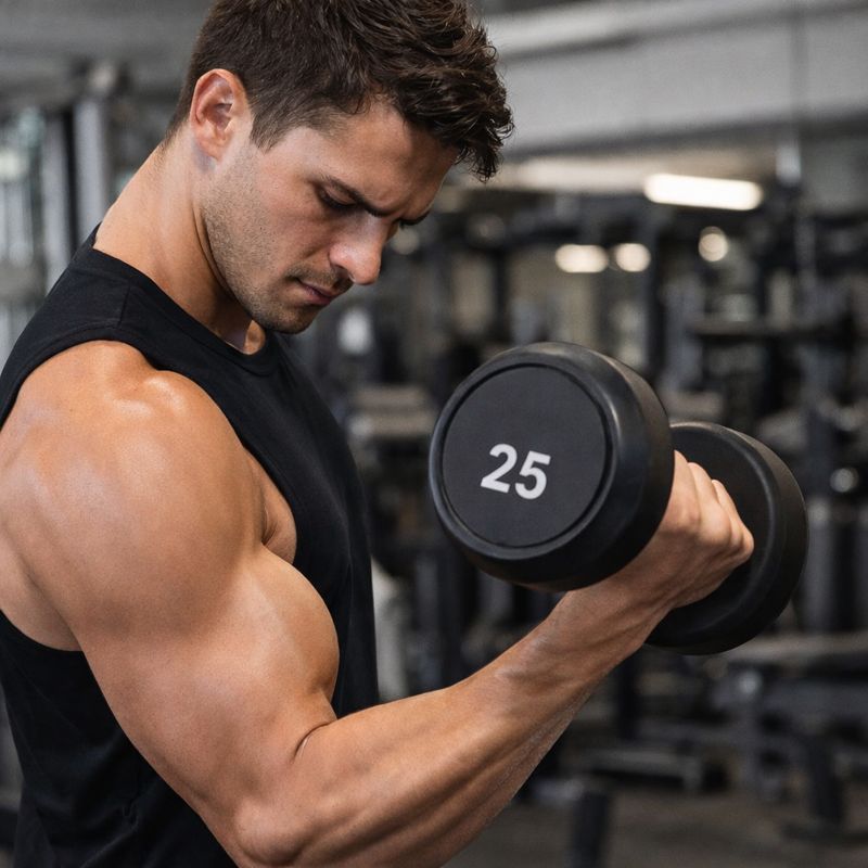 Mann trainiert Bizeps mit 25 kg Kurzhantel im Fitnessstudio – schwarze Rundhantel beim Krafttraining