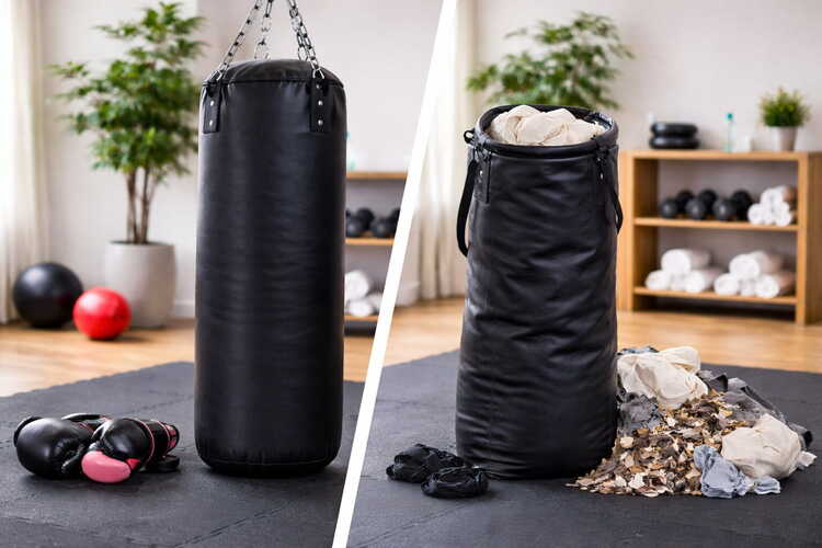 Boxsack ungefüllt und gefüllt im Vergleich – links leerer Boxsack, rechts befüllter Boxsack mit Stoffresten für individuelles Training.