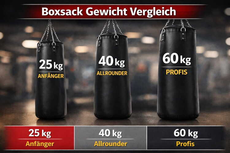 Boxsack Gewicht Vergleich 25 kg für Anfänger, 40 kg Allrounder und 60–100 kg Profi Boxsäcke
